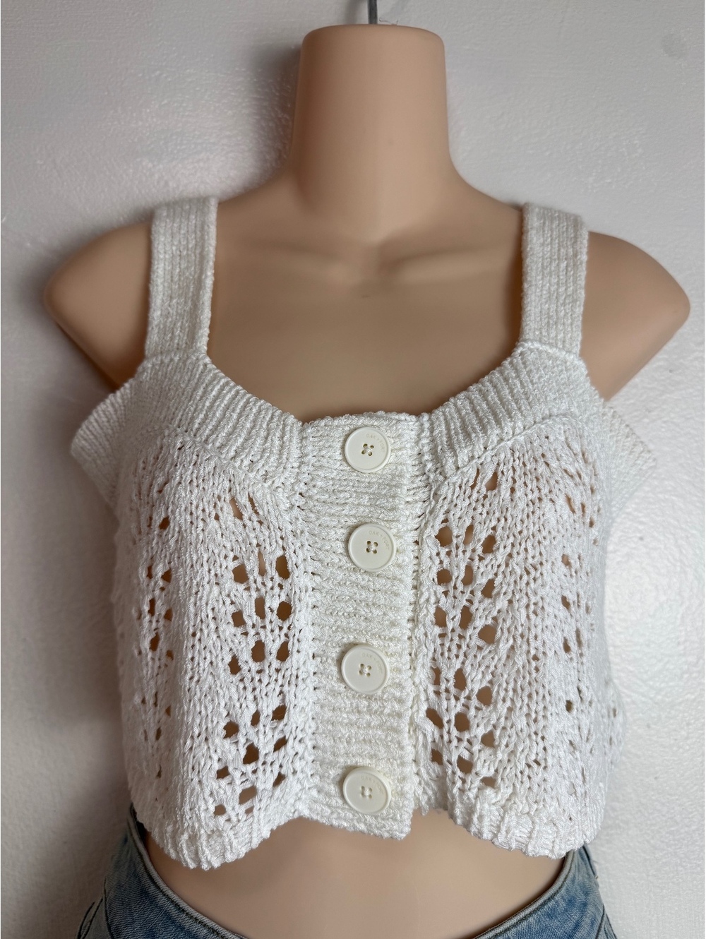 OAK + FORT Women’s XS Ivory Crochet Knit Button Front Crop Tank Top